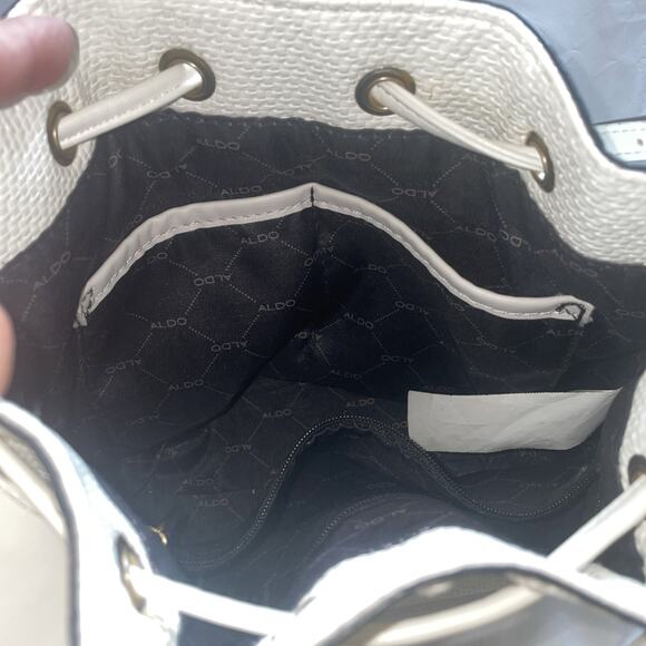 Aldo White W/Gold Woven Drawstring Bucket Bag Cross Body Convertible Top Handle - Picture 9 of 16